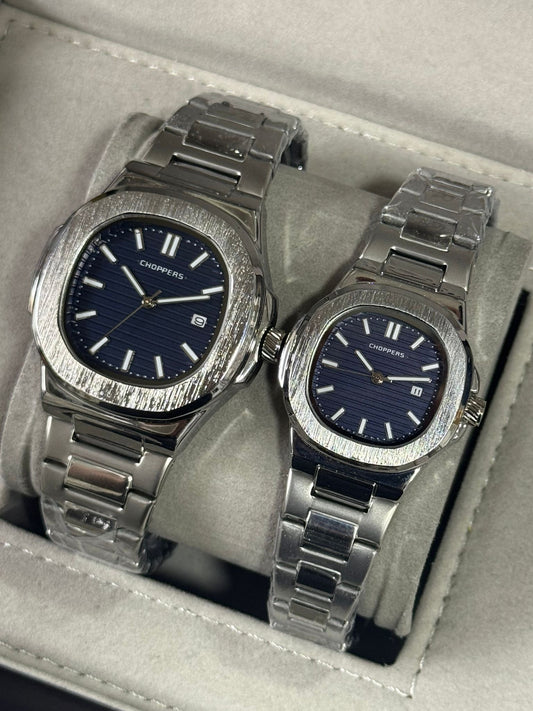 Kişiye Özel Kordonu İsim Yazılır Çelik Çift Saati Mavi Gümüş