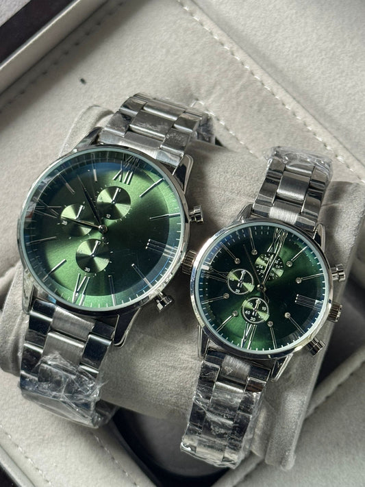 Kişiye Özel Kordonu İsim Yazılır Çelik Çift Saati Yeşil Gümüş