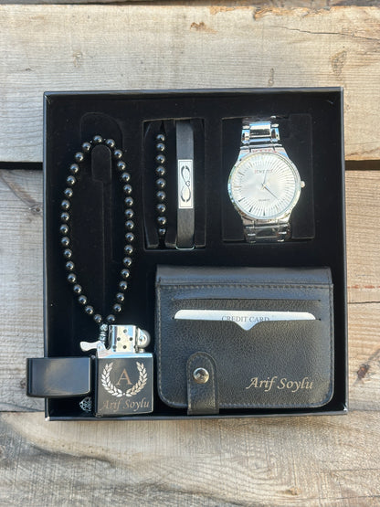 Lux Kordona İsim Yazılabilir Erkek Çakmaklı Saat Kombini Gümüş Beyaz