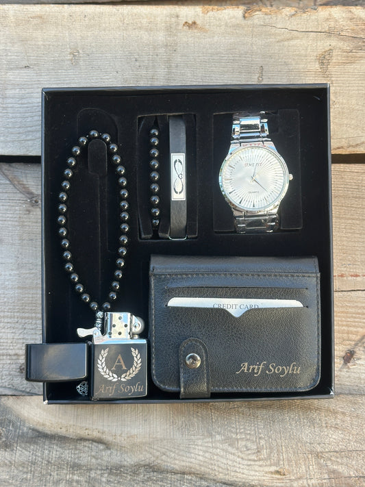 Lux Kordona İsim Yazılabilir Erkek Çakmaklı Saat Kombini Gümüş Beyaz