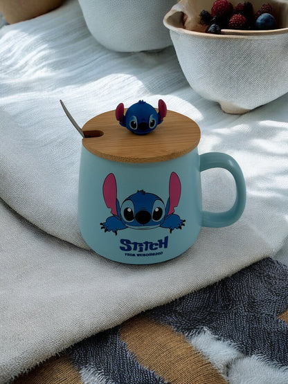 Stitch Tasarımlı Bambu Kapaklı Kupa Bardak