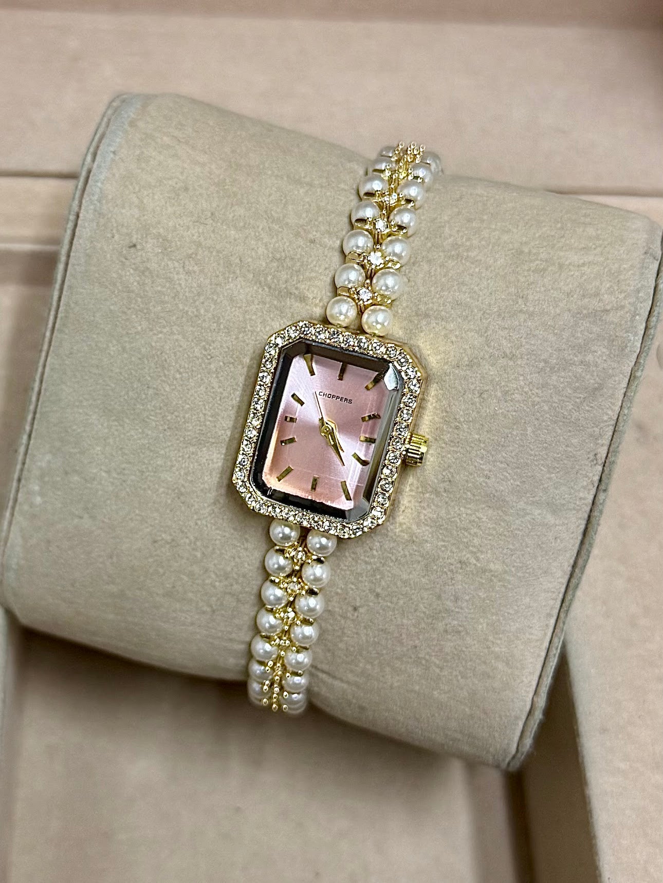 Kişiye Özel Kordonuna İsim Yazılır İncili Kadın Saat Pembe Altın-Beyaz