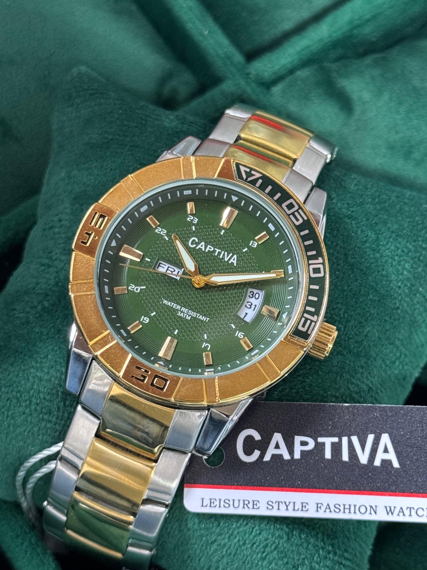 Su Geçirmez Kişiye Özel Kordonuna İsim Yazılabilir Çelik Saat Yeşil Altın-Gümüş