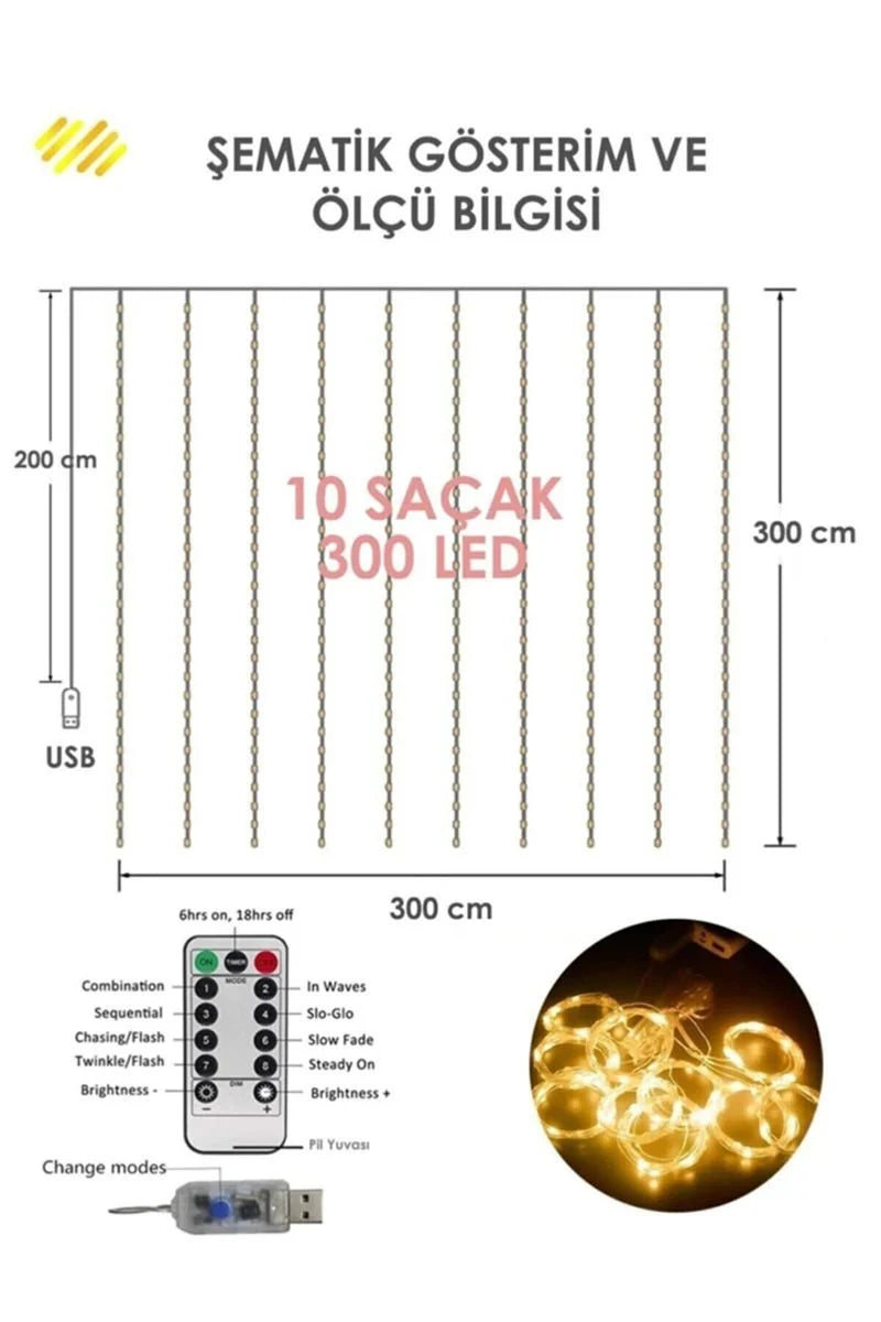 Peri Telli Perde Led Işık Kumandalı 3x3 Metre