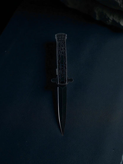 Kurukafa İşlemeli Hançer Çakı Siyah