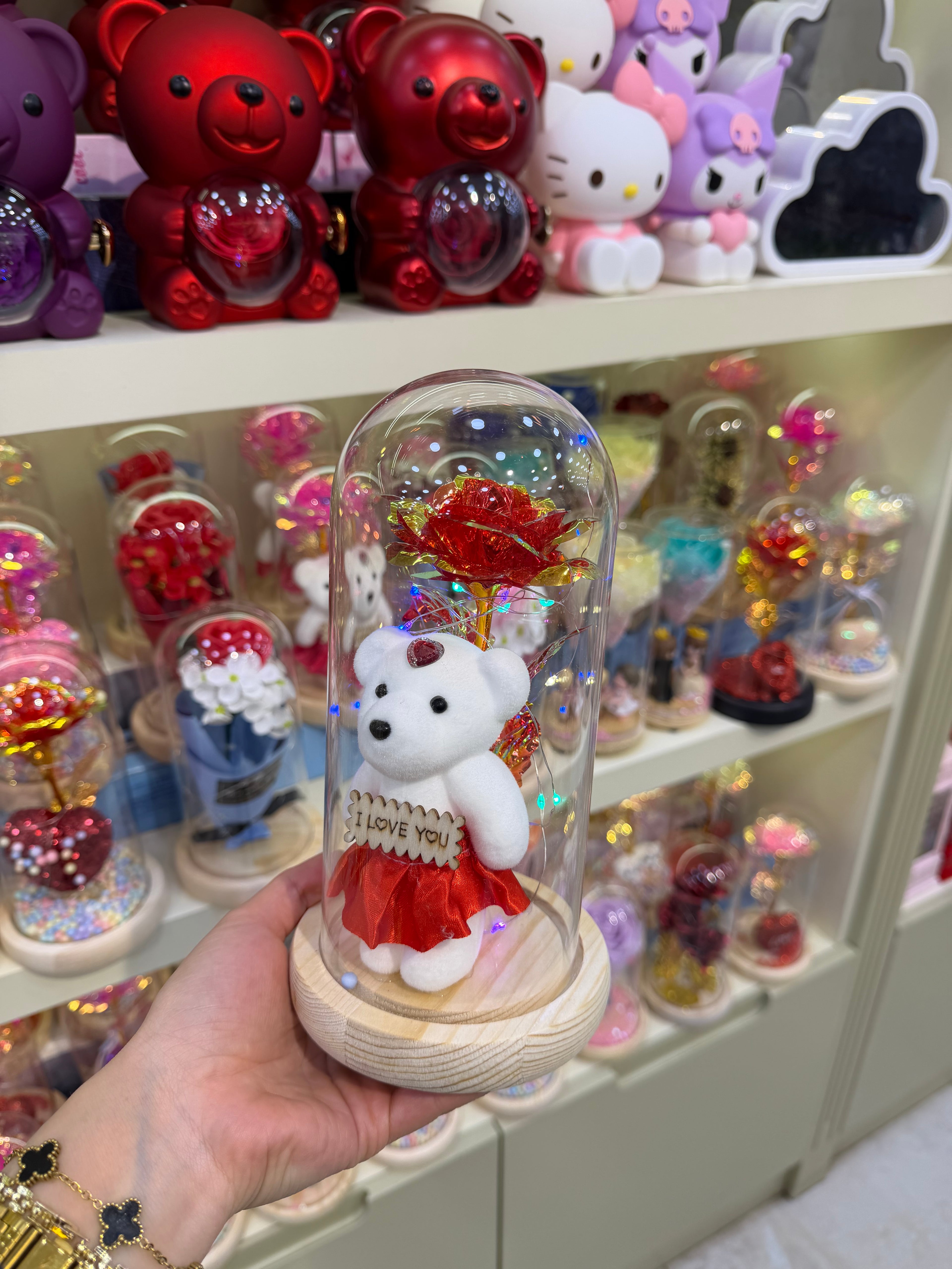 Ayıcıklı Solmayan Gül Cam Fanus