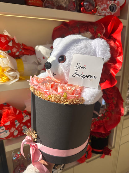 Ayıcıklı Güllü Aşk Kutusu Pembe