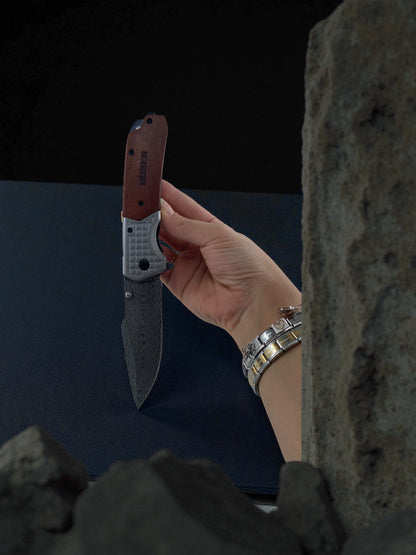 Böker Damascus Desenli Ahşap Gövdeli Katlanır Çakı