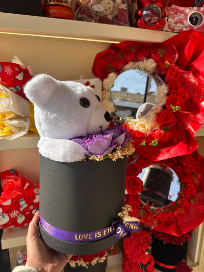 Ayıcıklı Güllü Aşk Kutusu Mor