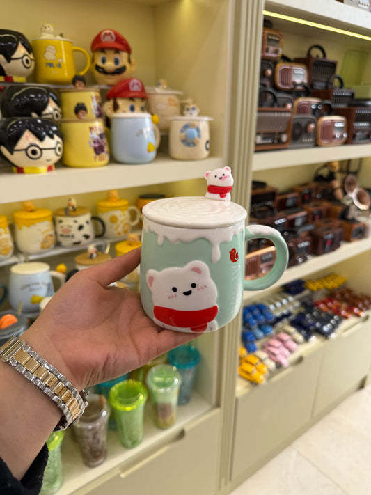 Sevimli Ayıcık Kaşıklı Kapaklı Kupa Bardak