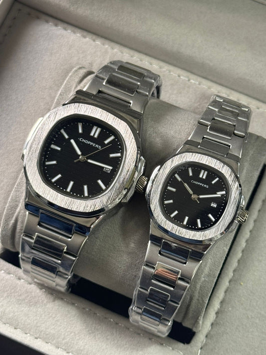 Kişiye Özel Kordonu İsim Yazılır Çelik Çift Saati Siyah Gümüş