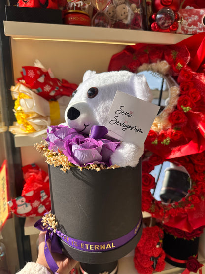 Ayıcıklı Güllü Aşk Kutusu Mor