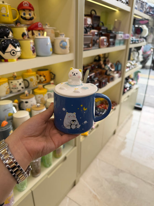 Ayı Figürlü Kaşıklı Kapaklı Kupa Bardak