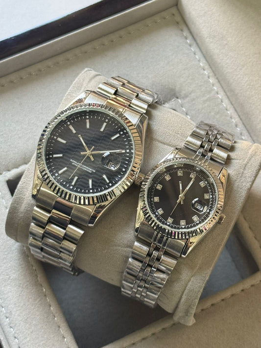 Kişiye Özel Kordonu İsim Yazılır Çelik Çift Saati Siyah Gümüş