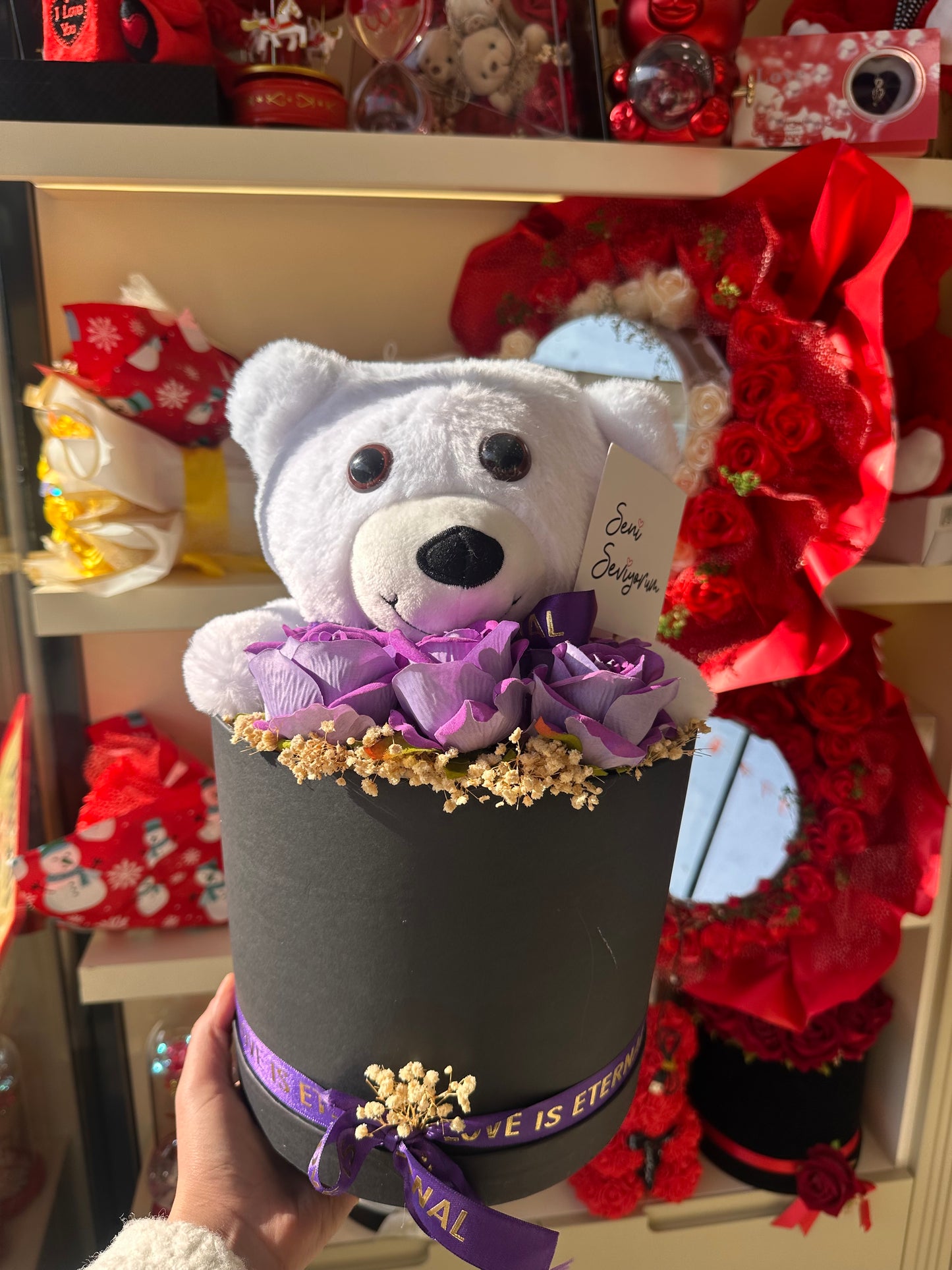 Ayıcıklı Güllü Aşk Kutusu Mor