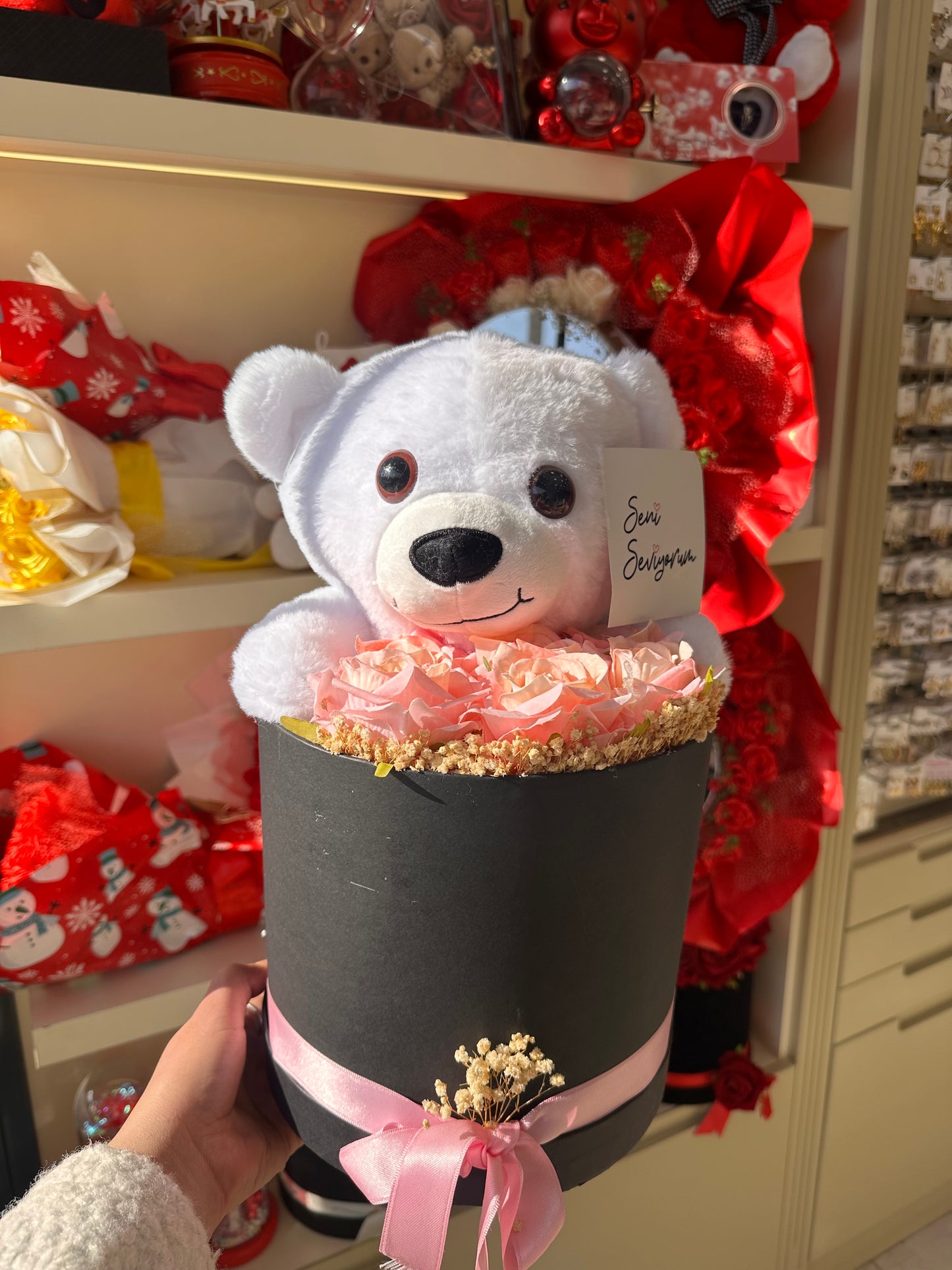 Ayıcıklı Güllü Aşk Kutusu Pembe