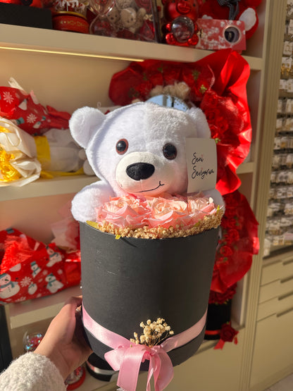 Ayıcıklı Güllü Aşk Kutusu Pembe