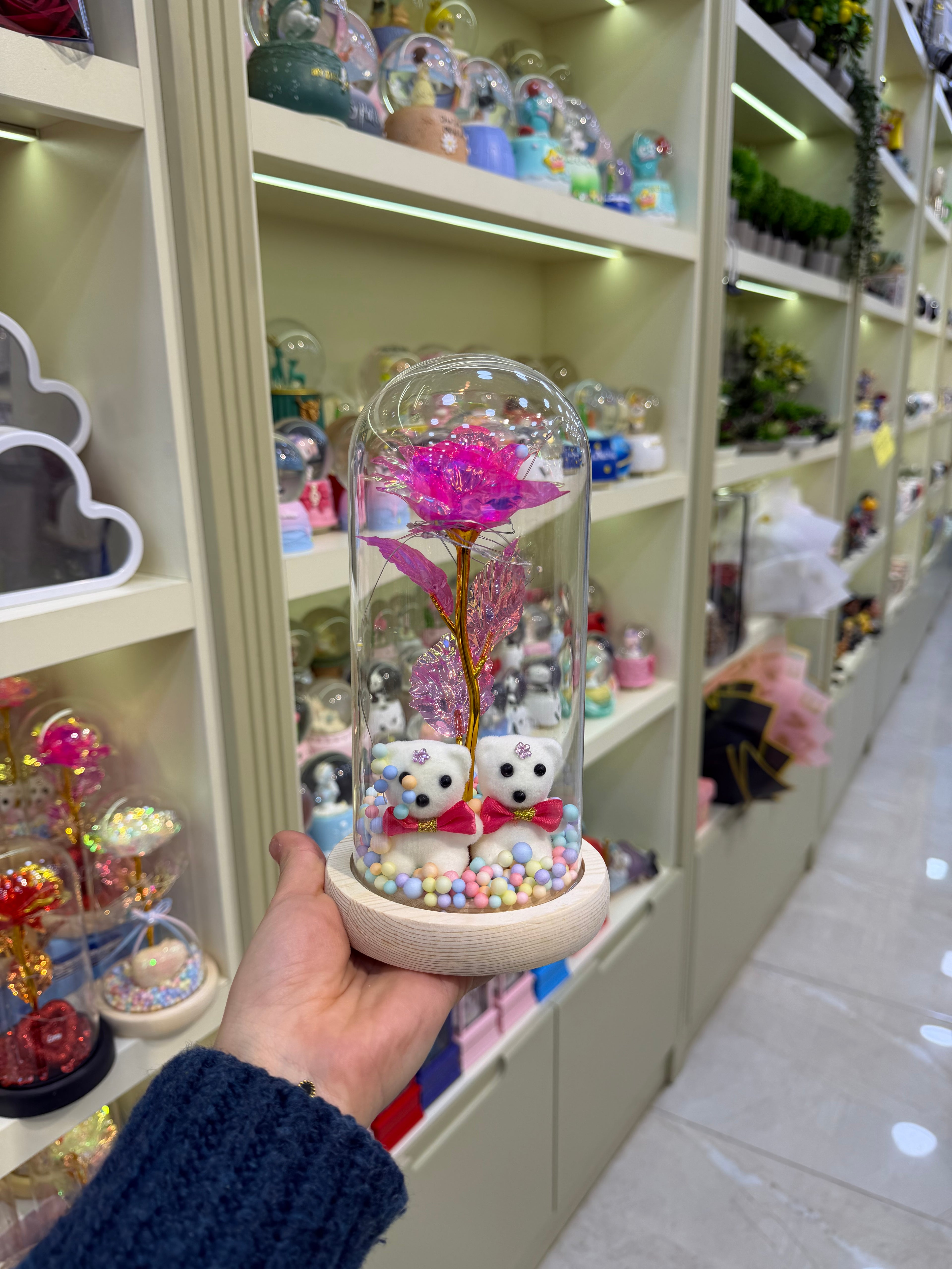 Çift Ayıcık Solmayan Gül Cam Fanus