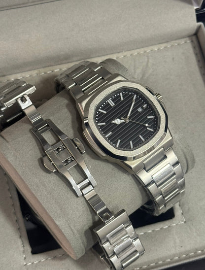 Kişiye Özel Kordonu İsim Yazılır Çelik Saat Eşref Tek Siyah Gümüş