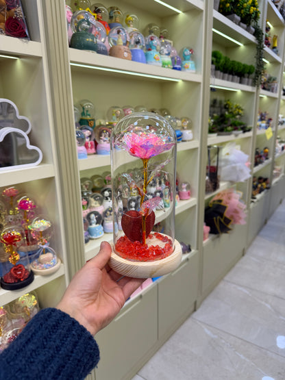 Kırmızı Kalp Solmayan Gül Cam Fanus