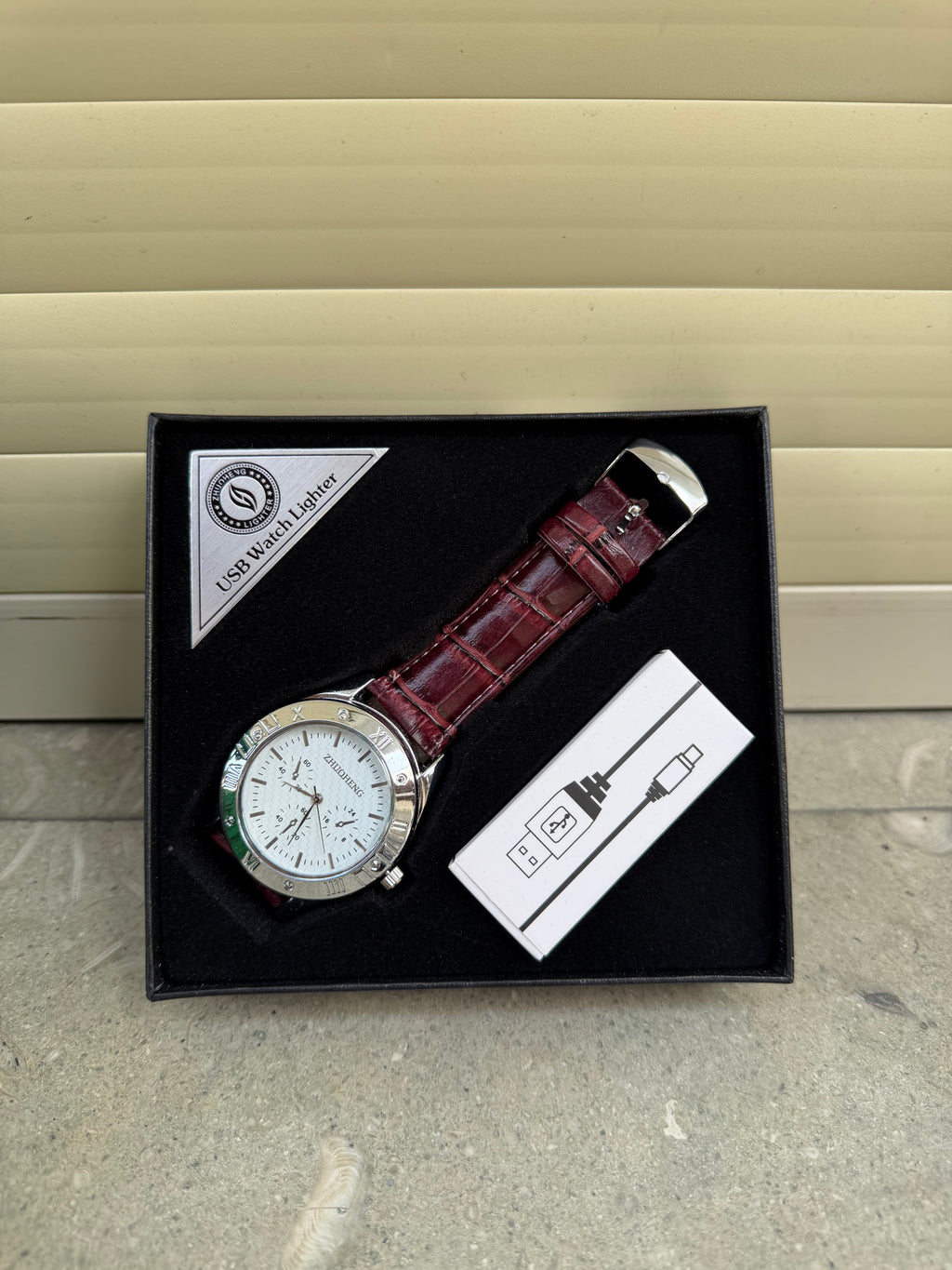 Kahve Deri Kordon Şarj Edilebilir Çakmaklı Kol Saati Beyaz Gümüş