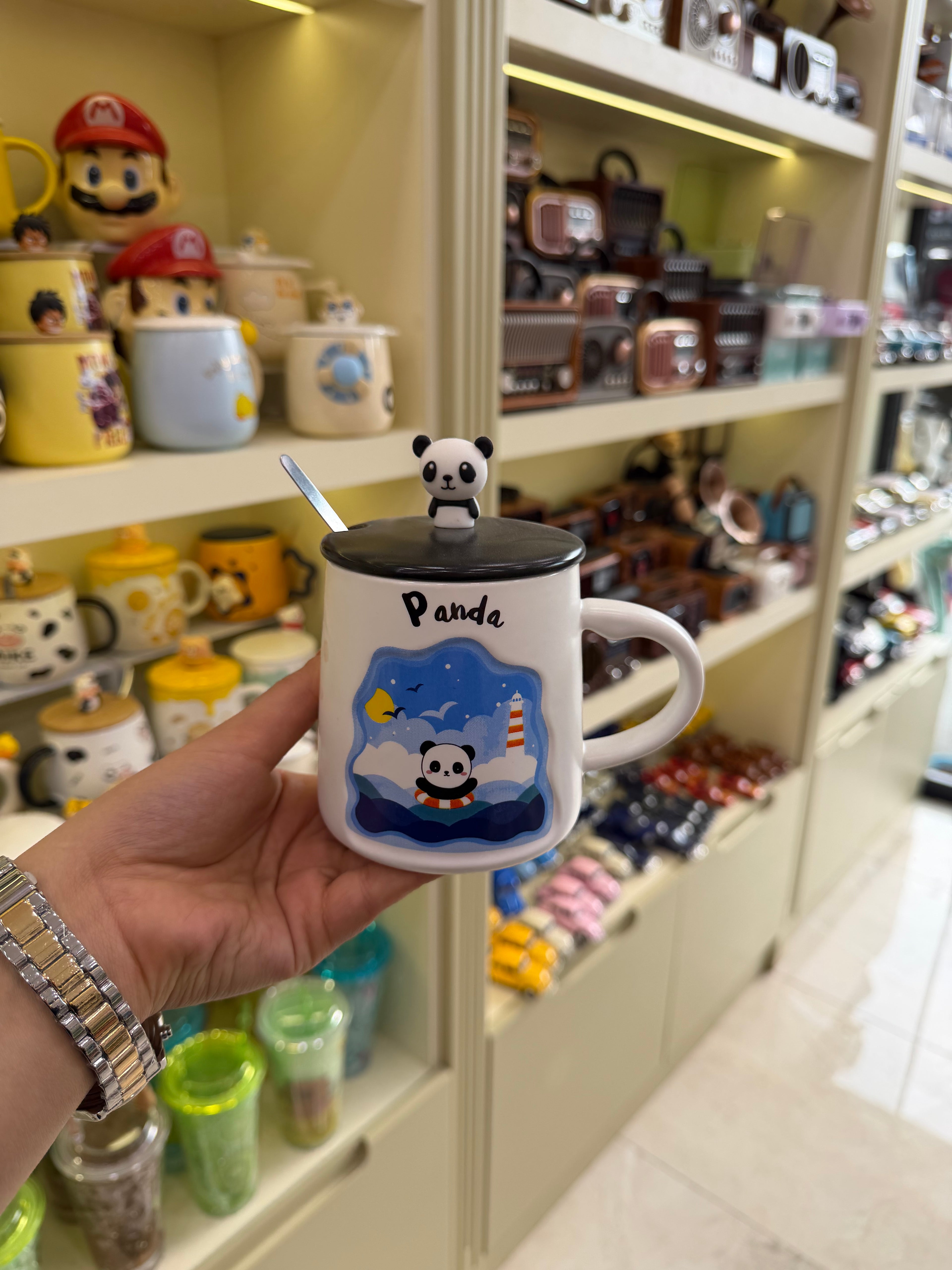 Panda Figürlü Kaşıklı Kapaklı Kupa Bardak