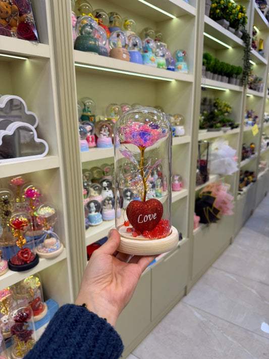 Kırmızı Kalp Solmayan Gül Cam Fanus