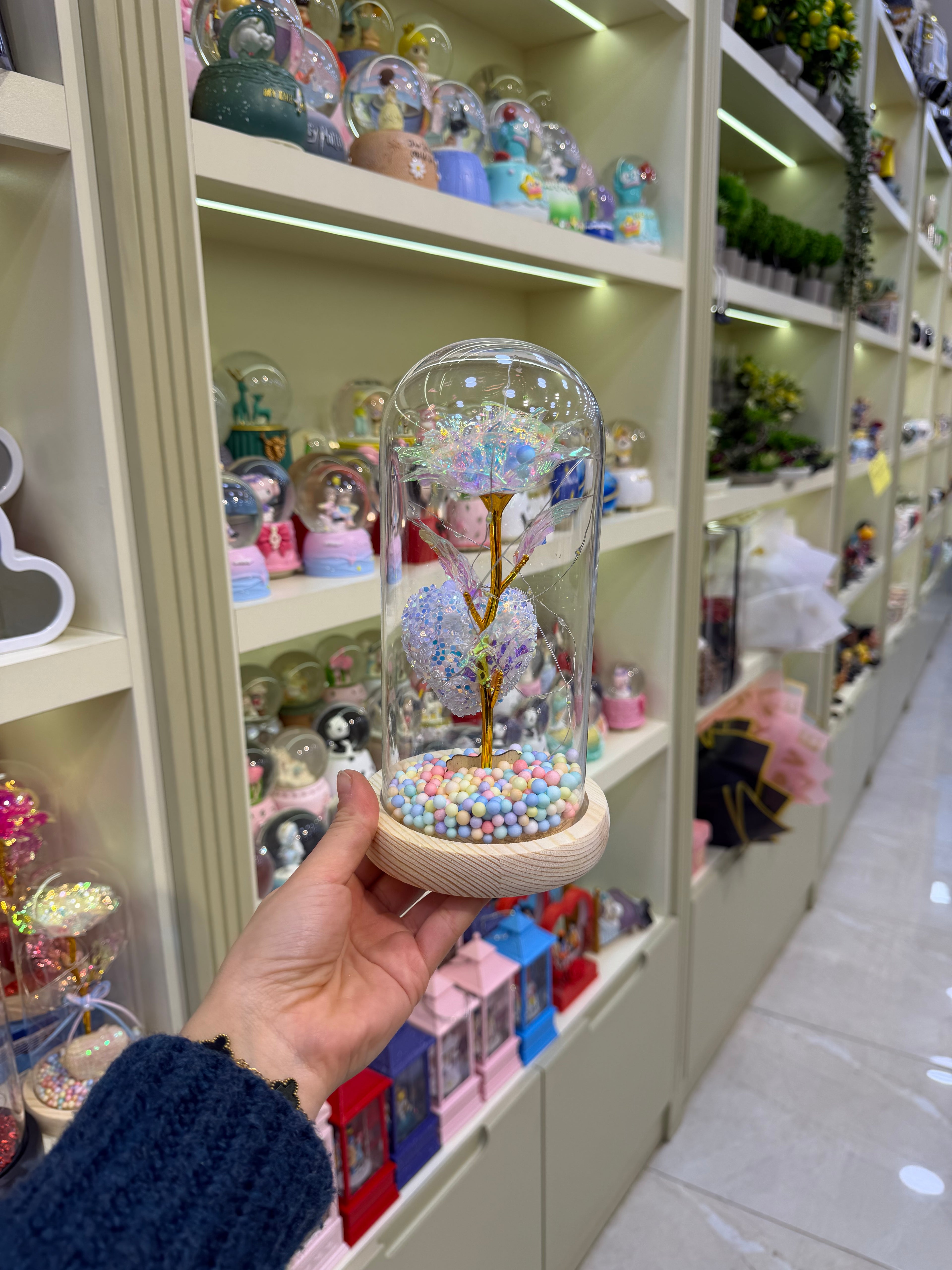 Kalpli Solmayan Gül Cam Fanus