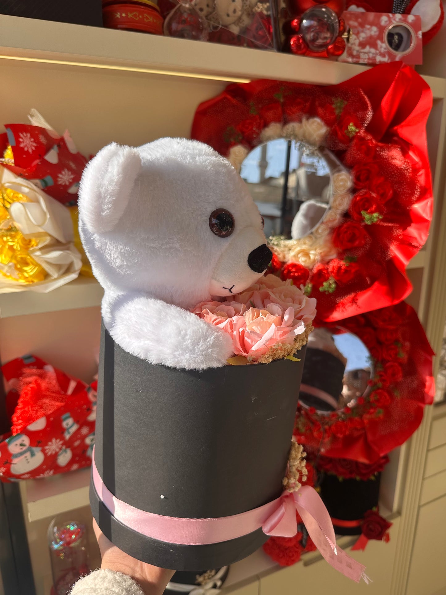 Ayıcıklı Güllü Aşk Kutusu Pembe