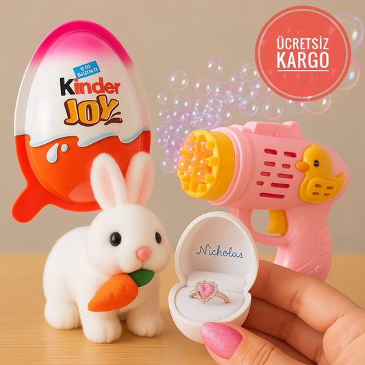 3’lü Eğlence ve Mutluluk Seti – Yüzük Çıkan Kinder Joy, Köpük Tabancası, Peluş Tavşan