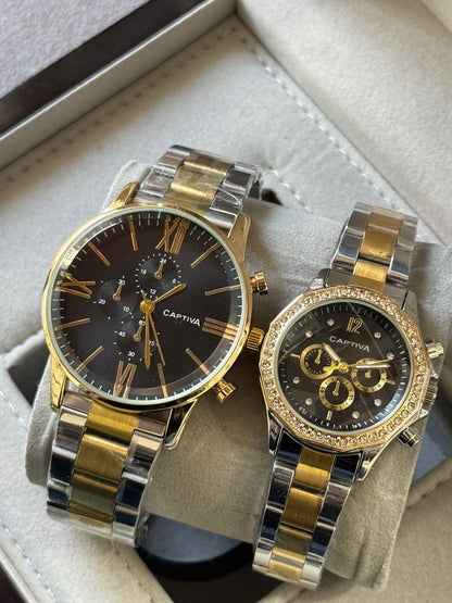 Kişiye Özel Kordonu İsim Yazılır Çelik Çift Saati Altın-Siyah Gümüş