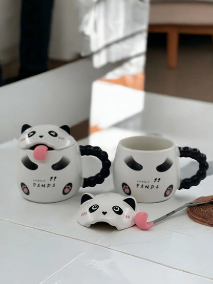 Panda Temalı Dilli Kaşık Porselen Kupa 2-349