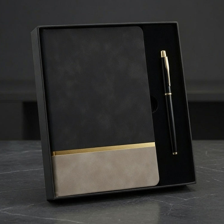 Siyah Kutulu Çizgili Lüks Defter Kalem Hediye Seti
