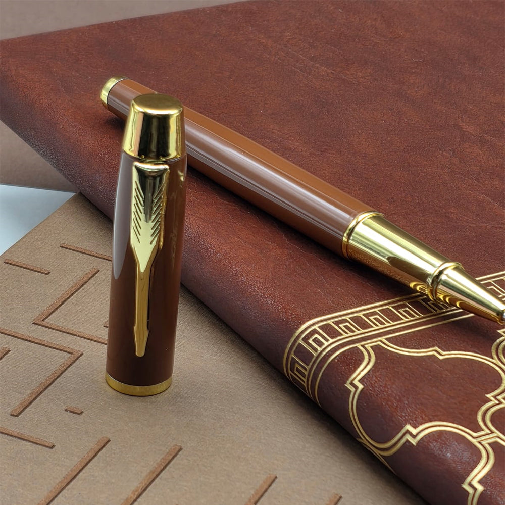 Kahverengi Kutulu Çizgili Lüks Defter Kalem Hediye Seti