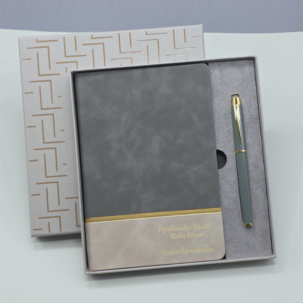 Gri Kutulu Çizgili Lüks Defter Kalem Hediye Seti
