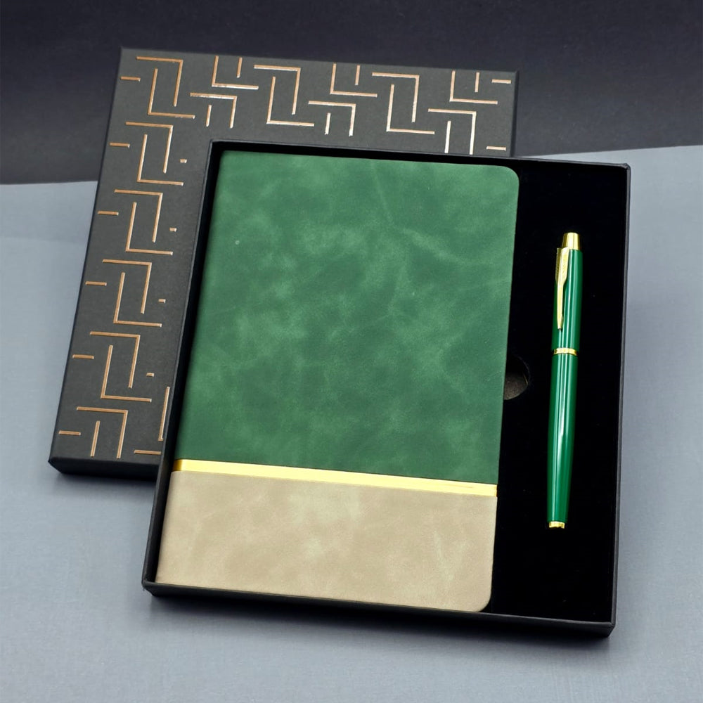 Yeşil Kutulu Çizgili Lüks Defter Kalem Hediye Seti
